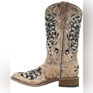 Corral Teens Black Glitter Inlay Square Toe Leather Boots Size 2.5